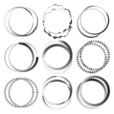 Soyut çember çerçeveleri. Siyah vektör ayarlandı. Geometrik yuvarlak kenarlar. Dekoratif tasarım elementleri. EPS 10.