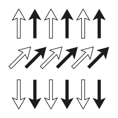 Ok simgesi ayarlandı. Siyah vektör koleksiyonu. Yönsel semboller dizaynı. Basit seyrüsefer elemanları. EPS 10.