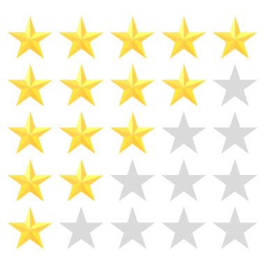 Derecelendirme yıldızı simgesi. Altın ve gri yıldızlar. Geribildirim ve eleştiriler. Vektör çizimi. EPS 10.