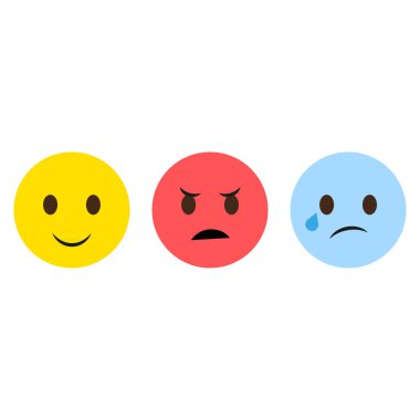 Mutlu, kızgın, üzgün. Üç tane emoji yüzü. Renkli duygu simgeleri. Vektör çizimi. EPS 10.