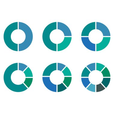 Renkli pasta grafiği simgeleri. Altı dairesel tasarım. Mavi ve yeşil. Vektör sembolleri. EPS 10.