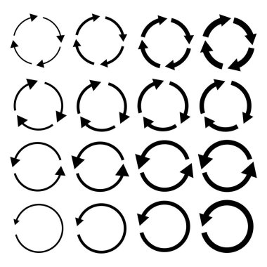 Dairesel ok simgeleri. Siyah geri dönüşüm sembolleri. 16 vektör elemanı kümesi. Döngü ve döngü işaretleri. EPS 10.