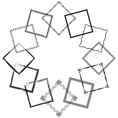 Dekoratif çerçeve seti. Çeşitli kare sınırlar. Geometrik vektör şekilleri. Soyut siyah çizgiler. EPS 10.