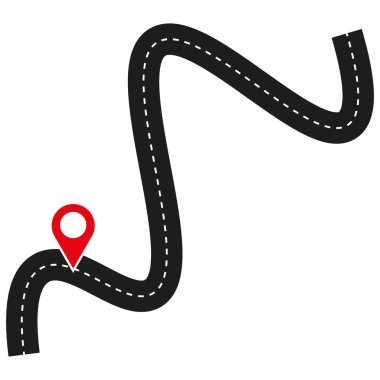 Konum kodlu virajlı bir yol. Siyah ve kırmızı. Navigasyon ve seyahat konsepti. Vektör çizimi. EPS 10.