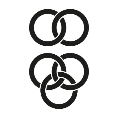 Birbirine kenetlenmiş halka simgeleri. Siyah ve beyaz vektör sembolleri. Soyut geometrik tasarım. EPS 10.