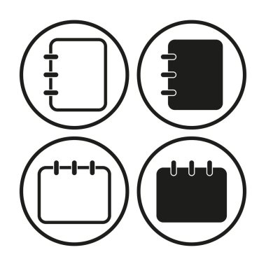 Defter simgesi ayarlandı. Siyah ve beyaz. Spiral bağlanma. Vektör çizimi. EPS 10.