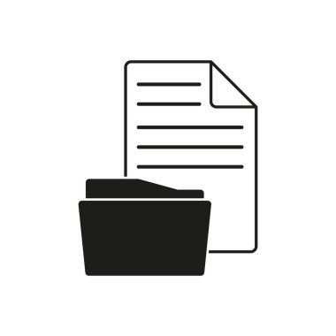 Belge ve dizin simgesi. İçinde belge olan bir dosya klasörünün siyah silüeti. Organizasyon ve depolama sembolü. Vektör çizimi. EPS 10.