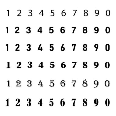 Klasik numara seti. Çoklu yazı tipi tarzları. Siyah ve beyaz. Vektör çizimi. EPS 10.