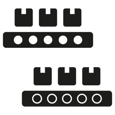 Taşıyıcı bant simgesi. Hareket eden kemerinde kutular olan siyah bir siluet. Otomasyon ve imalat sembolü. Vektör çizimi. EPS 10.