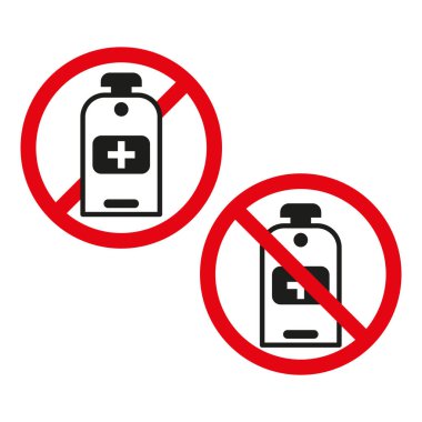 İlaç ikonu yok. Yasak ilaç şişesi. Kırmızı daire ve çizgi. Vektör çizimi. EPS 10.