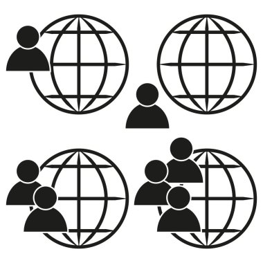 Küresel toplum simgeleri. İnsanlar ve dünya sembolleri. Uluslararası ağ. Vektör çizimi. EPS 10.