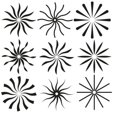Soyut güneş patlaması simgeleri. Dinamik radyal şekiller. Cesur vektör tasarımı. Yıldız patlaması örnekleri. EPS 10.