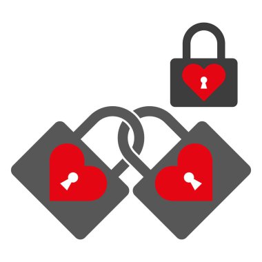 Kalp kilidi simgeleri. Anahtar delikli kırmızı kalpler. Kilitli ve bağlı semboller. Vektör çizimi. EPS 10.