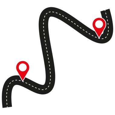 Dolambaçlı yol haritası. Kırmızı yer işaretleri. Siyah çizgiler. Vektör grafik. EPS 10.