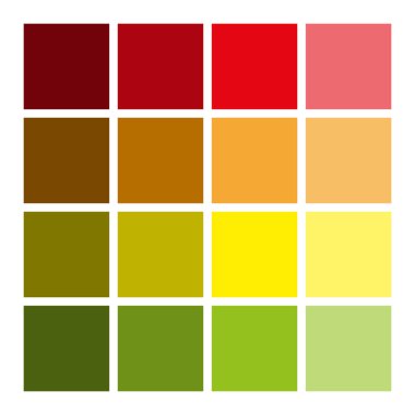 Renk paleti ızgarası. Kırmızıdan yeşile gölgeler. Havalı bir geçiş için sıcak. Basit kare yerleşimi. EPS 10.