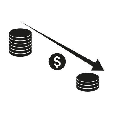 Düşen kar simgesi. Para yığını azalıyor. Aşağı ok sembolü. Dolar işareti odaklanıyor. EPS 10.