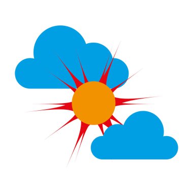 Güneş ve bulut simgesi. Parlak turuncu güneş. Mavi bulutlar kaplıyor. Cesur vektör tarzı. EPS 10.