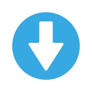 Aşağı ok simgesi. Mavi dairesel arka plan. Basit, temiz bir vektör. Sembolü indir. EPS 10.