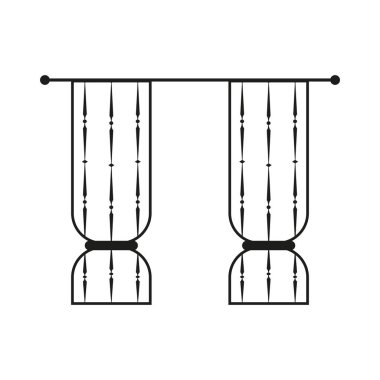 Perde simgesi illüstrasyonu. Siyah çizgili ve bağlı perdeleri var. Basit klasik tasarım. Minimalist dekor elementi. EPS 10.