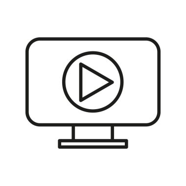 Çal düğmesi simgesi. Video oynatıcı ekranı. Multimedya sembolü çizimi. Siyah dış hat vektörü. EPS 10.