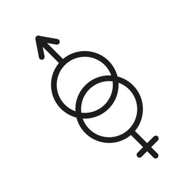 Cinsiyet sembollerinin birleşimi. Siyah minimalist simge. Çemberler kesişiyor. Vektör çizimi. EPS 10.
