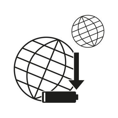 Küresel pil tükenme simgesi. Aşağı doğru oklu bir dünya küresi. Enerji tüketimi sembolü. Pil boşaltma konsepti. EPS 10.