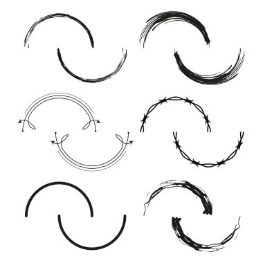 Soyut dairesel fırça darbeleri. El çizilmiş oklar ve dikenli teller. Dinamik grunge kıvrımları. Vektör mürekkep şekilleri. EPS 10.
