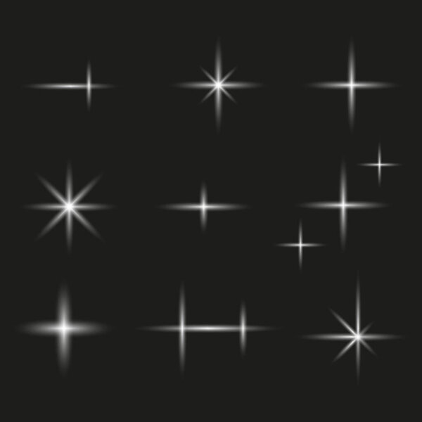 Светящиеся иконы звездных вспышек. Эффекты белого света. Сияющие векторные элементы. Искренне чистый дизайн. EPS 10.