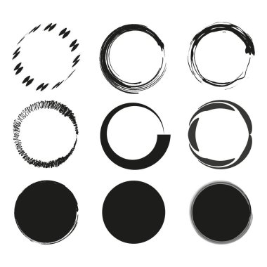 Soyut çember simgeleri. Grunge ve modern. Siyah fırça darbeleri. Dairesel tasarım elemanları. EPS 10.