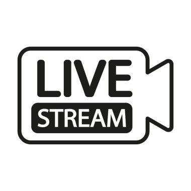 Canlı yayın simgesi. Kamera şekli sembolü. Bold Live Stream metni. Tek renkli medya tabelası. EPS 10.