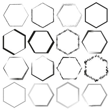 Altıgen çerçeve koleksiyonu. Elle çizilmiş geometrik sınırlar. Soyut altıgen şekilleri. Siyah ve beyaz vektör ayarlandı. EPS 10.
