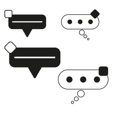 Sohbet balonu simgesi ayarlandı. Siyah ve özet versiyonları. Mesaj ve metin sembolleri. Minimalist vektör tasarımı. EPS 10.