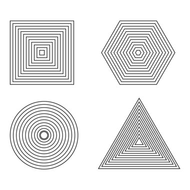 Geometrik şekil simgeleri. Eşmerkezli çizgiler. Kare, altıgen, daire, üçgen. Vektör soyut tasarımı. EPS 10.