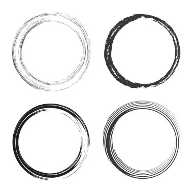 Dairesel çerçeve simgeleri. Soyut grunge çemberleri. Döner yuvarlak şekiller. El çizimi tasarım. EPS 10.