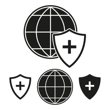 Kalkanlı dünya. Güvenlik ve koruma kavramı. Küresel sağlık sembolü. Vektör düz tasarım. EPS 10.