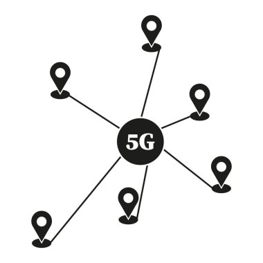5G ağ simgesi. Bağlantı noktası sembolü. Kablosuz harita vektörü. Siyah sinyal hattı. EPS 10.