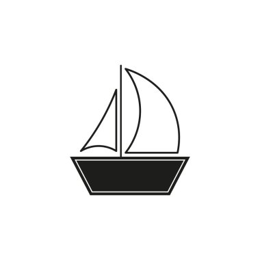 Yelkenli ikonu. Denizcilik teknesi sembolü. Yelkenli gemi vektörü. Siyah tekne taslağı. EPS 10.