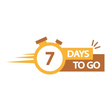 Countdown timer icon. Number seven bold. 7 days to go. Yellow stopwatch design. EPS 10. clipart