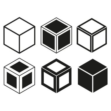Küp simgeleri. Geometrik kutu şekilleri. Isometric siyah ve beyaz. Vektör çizimi. EPS 10.