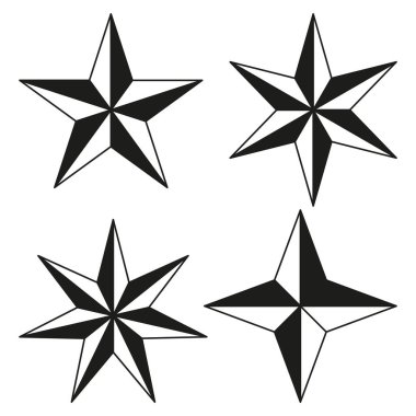 Yıldız pusula simgeleri. Siyah beyaz yıldız. Navigasyon vektör sembolleri. Geometrik şekiller ayarlandı. EPS 10.