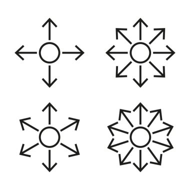 Direction icons set. Multiple arrows symbol. Radial expansion concept. Simple black lines. EPS 10. clipart