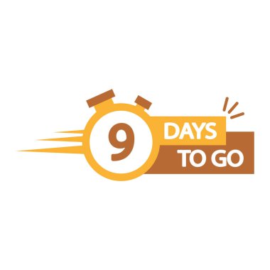 Countdown timer icon. Number nine focus. 9 days to go. Yellow stopwatch graphic. EPS 10. clipart