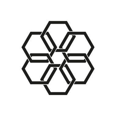 Geometrik altıgen desen. Birbirine kenetlenmiş şekil. Soyut vektör sembolü. Siyah çizgi motifi. EPS 10.