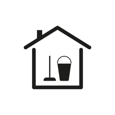 Temizlik aletleri simgesi. Ev şekli sembolü. Paspas ve kova vektörü. Siyah tasarım. EPS 10.