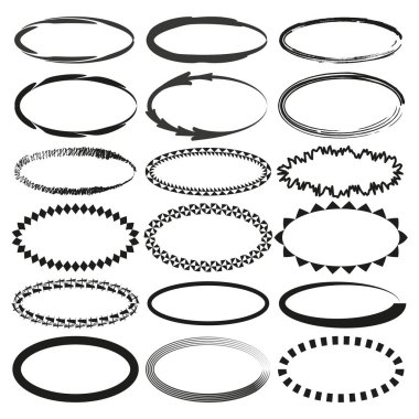 Oval çerçeve koleksiyonu. Dekoratif oval sınırlar. Geometrik desenler ayarlandı. Vektör ovaller. EPS 10.