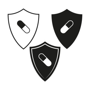 Kapsüllü kalkan. Tıbbi koruma ikonu. Kapsül koruma sembolü. Vektör güvenlik amblemi. EPS 10.