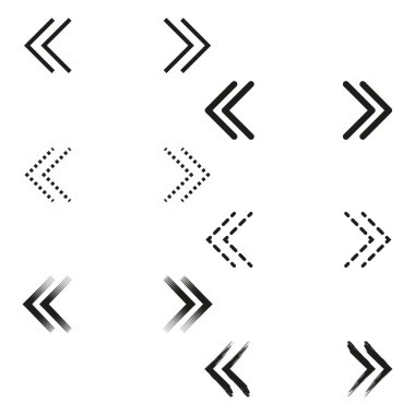 Ok simgesi. Yönsel sembol vektörü. Çeşitli ok stilleri. Siyah beyaz grafik. EPS 10.