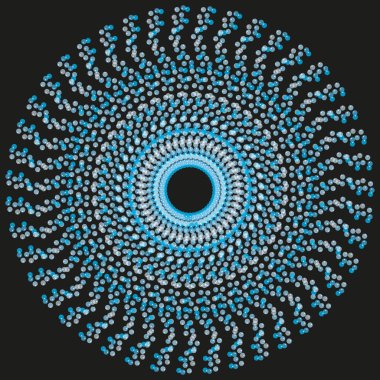 Mavi noktalı spiral. Eşmerkezli halka deseni. Soyut çember vektörü. Siyah arka plan tasarımı. EPS 10.