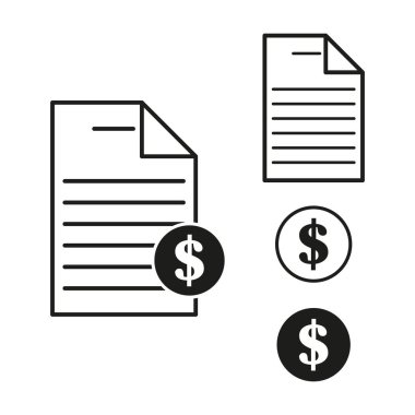 Belge ve dolar simgesi. Para birimi sembolü çizimi. Kağıt levha ve para işareti. Vektör finans elemanları. EPS 10.