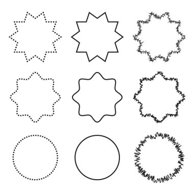 Geometrik yıldız şekilleri. Soyut noktalı çizgiler. Yaratıcı çerçeve simgeleri. Vektör siyah tasarım. EPS 10.